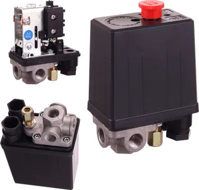 Three different pressure switches for compressors are shown against a white background.