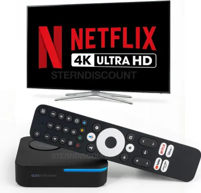 A television screen displaying Netflix and 4K Ultra HD, with a streaming box and remote control in the foreground.