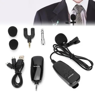Productafbeelding van Draadloze clip-microfoon, spraakversterker, lavalier-zender en -ontvanger. UHF-lavalier draadloze microfoon.