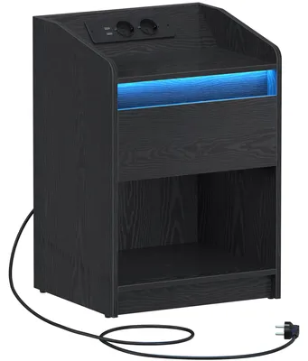 Imagen del producto de Mesita de noche con iluminación LED, estación de carga, 1 cajón, diseño moderno minimalista, color negro