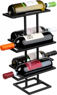 Obrázek produktu pro Stojan na víno 42 cm vysoký, volně stojící, držák na lahve - Svařovaný, černý, kovový, na 5 lahví - Elegantní držák na lahve pro domácnost a kancelář