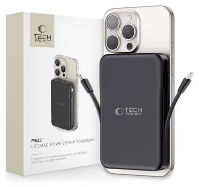A black Tech-Protect Lifemag power bank is attached to the back of a silver iPhone, with charging cables connected. The product packaging is visible in the background.