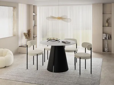 Produktbild von Esstisch Rund Ausziehbar im Loft-Stil – 120 bis 200 cm – Industrieller Platzsparender Tisch mit Schwarzen Konischem Metallbeinen für 6 bis 10 Personen, Esszimmer – Weiß