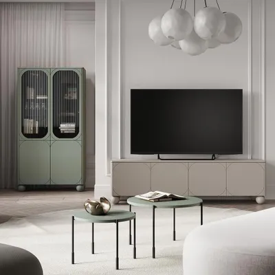 Produktbild von Wohnzimmer-Set in kaschmir und grün matt mit Lowboard, Vitrinenschrank, Couchtische rund, 4-teilig - SPLIT-141