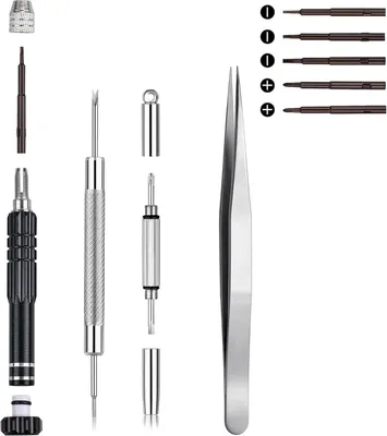 A set of precision screwdrivers and tweezers arranged on a white background.