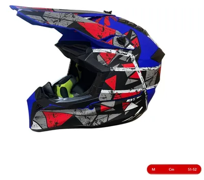 Produktbild von Motocross-/Enduro-Helm für Motorrad, ATV, Fahrrad – Größe M (51–52 cm), mattblau mit rotem/grauem Design