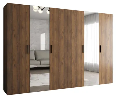 Produktbild von MEBLE KRYSPOL Schrank 300x202x52 cm mit Kleiderstange & Spiegel, 6xTür, BARI, Warmia-Nuss, Griff Schwarz
