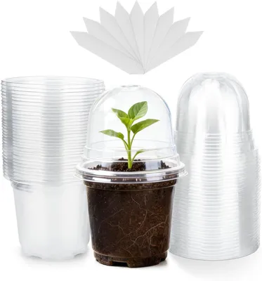 Produktbild von Anzuchttopf 10 cm, 12 Stück, Kunststoff, mit Feuchtigkeitskuppel und Etiketten, für Garten