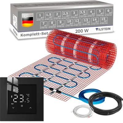 Produktbild von VILSTEIN Elektrische Fußbodenheizung 200W/m², für Fliesen Laminat und mehr, Komplett-Set, Twin Technologie Heizsystem, Fußboden Heizmatte, inkl. Thermostat schwarz