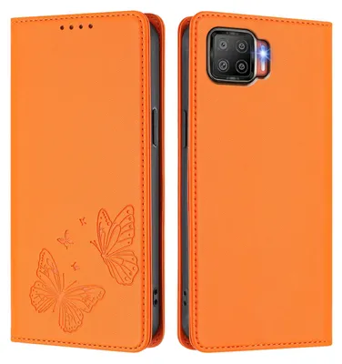 Produktbild von Lederhülle für Oppo F17, Schmetterling Prägung Leder Brieftasche Schutzhülle mit Ständer Orange