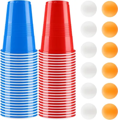 Imagen del producto de Juego de vasos para Beer Pong, con 50 vasos reutilizables de 500 ml (25 rojos y 25 azules), incluye 12 bolas, ideal para juegos de beber