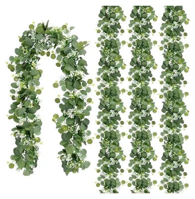 Produktbild von Künstliche Eukalyptusblätter Girlande, 1,8 m Hängende Efeu mit Weißen Blumen - 4 Stück Grünpflanzen für Hochzeitsbogen Hintergrund Wohn- und Tischdekoration Innen und Außen