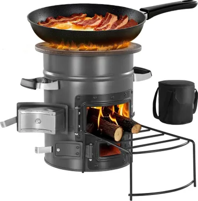 Produktbild von Raketenofen BBQ, Tragbarer Holzofen mit Tasche, SPCC-Stahl, Doppeltüren - Zum Verbrennen von Zweigen, Stöcken oder Holzkohle - Outdoor Kochen, Campingkocher, Campinggrill
