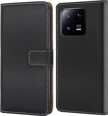 A black flip-style phone case for a Xiaomi 13 phone is shown open, revealing the phone's camera module and the inside of the case.