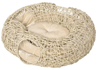 Produktbild von Rattan-Katzenkorb 78 x 69 x 22 cm, ger?umiger Katzenkorb mit weichem Kissen, 3 ?ffnungen, Katzentunnel, Naturholz