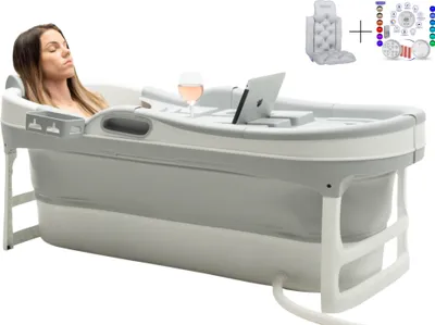 Produktbild von HelloBath® Faltbare Badewanne für Erwachsene XL, 148x63x52cm – Mit Badekissen, Aufbewahrungshülle, Badelampe und Massagerollen – Mobile wanne - Grau