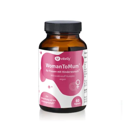Produktbild von WomanToMum® Kinderwunsch Vitamine – Mikronährstoff Komplex – 60 Kapseln – Folat, Eisen, Q10, Vitamin D3 & Zink – Energie & Hormonbalance