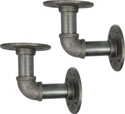 Two industrial-style pipe shelf brackets are shown against a white background.
