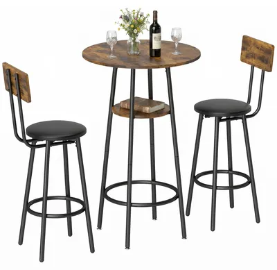Immagine prodotto di Set da bar industriale con 2 sgabelli imbottiti, poggiapiedi, struttura in metallo, tavolo da cucina con ripiano, colore marrone rustico