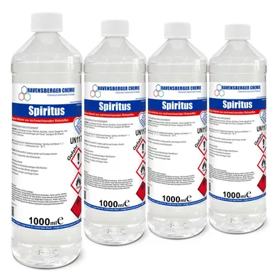 Produktbild von Ravensberger Chemie Spiritus Alkohol - vielseitiger Ethanol-Reiniger für Haushalt, Auto & Werkstatt, ideal als Brennspiritus & Frostschutz - 4x 1 L