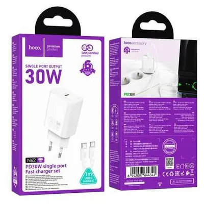 Immagine prodotto di Caricatore Da Rete HOCO N62 30W USB-C Con Cavo USB-C A Lightning 1M Nero
