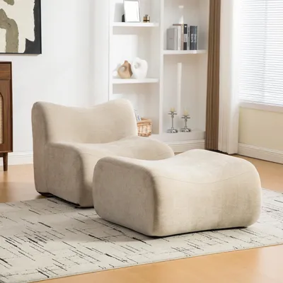 Immagine prodotto di MODFU Divano da salotto monoposto in tessuto ciniglia con base antiscivolo Divano lounge con poggiapiedi Facile da spostare Colore kaki chiaro