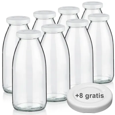 Produktbild von Milchflaschen 0,25L Smoothie Saft Flaschen 250ml leere Glasflaschen Deckel BPA frei, 8 Milchflaschen mit 16 Deckeln