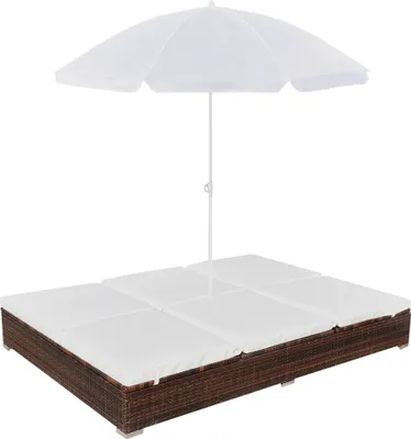 Image de Chaise longue d'extérieur avec parasol Résine tressée Marron