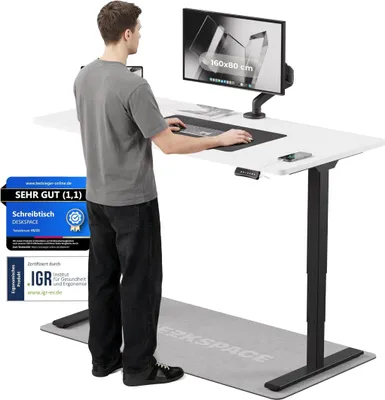 Produktbild von DESKSPACE PRO Plus Elektrisch höhenverstellbarer Schreibtisch, 160x80 cm Stehpult mit Memory-Funktion, Weiße Tischplatte, Schwarzes Gestell