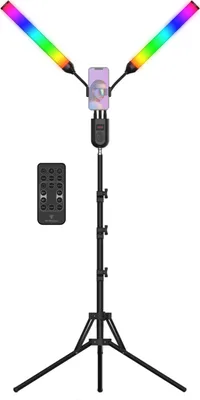 Zdjęcie produktu dla Elastyczne 2-ramienne oświetlenie wideo RGB, 36 W, fotograficzne światło wypełniające LED, światło rytmiczne, 2700 K-4500 K-6500 K, ściemniane pilotem, uchwyt na telefon, 1,6 m/63 cale, metalowy statyw oświetleniowy do transmisji na żywo, vlogowania, fotografii