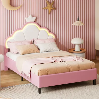 Produktbild von ProximaX Kinderbett Polsterbett 140x200, LED Bettgestell für Mädchen, mit verstellbares Kopfteil, Kronen-Doppelbettgestell aus Kunstleder mit Lattenrost und Rückenlehne, ohne Matratze Rosa