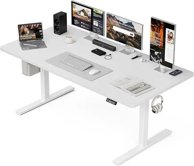 Productafbeelding van Verstelbaar bureau, 160 x 80 cm, elektrisch met 2 geheugenfuncties, ergonomisch zit-sta bureau, 4-delig, computerbureau, kantoorbureau, wit