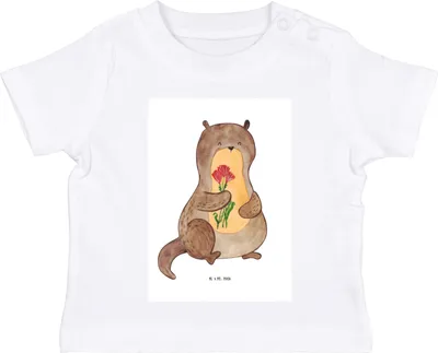 Produktbild von Mr. & Mrs. Panda Babyshirt Otter Blumenstrauß 12. - 18. Monat - Weiß - Geschenk, T-Shirt Baby, Kleinkind Shirt, , Seeotter See, Süß, Organic, Kurzarmshirt, Niedlich