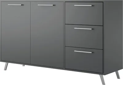 Zdjęcie produktu dla Komoda, kredens z 2 drzwiczkami i 3 szufladami w kolorze antracytowym (szer.: 138,5 cm x wys.: 86 cm x gł.: 41 cm)