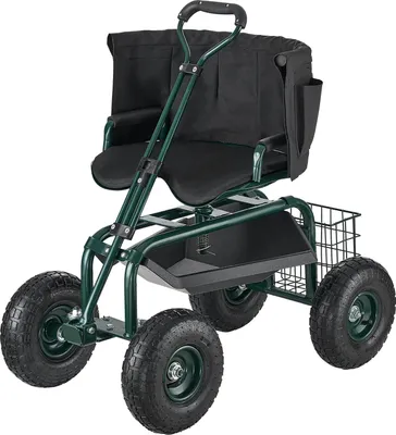 Zdjęcie produktu dla SucceBuy Mobilne siedzisko ogrodowe 810 x 480 x 690/770 mm, siedzisko z regulacją wysokości i obrót o 360°, nośność do 180 kg, z oparciem i schowkiem na narzędzia, idealne do ogrodu, podwórka i tarasu