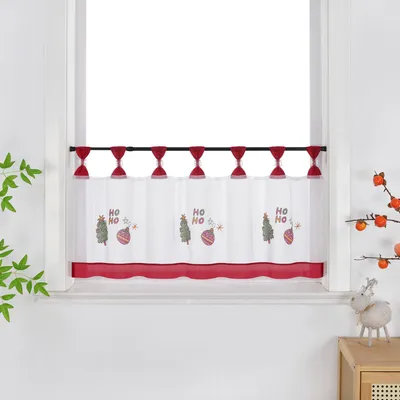 Produktbild von Joyswahl Weihnachts Scheibengardine mit Tannenbäume-Stickerei Weihnachtliche Bistrogardine Festliche Fensterdeko für Küche Bad Schlaufen Transparent Weiß HxB: 30x90cm, 1 Stück