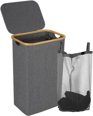 Image de Panier à linge en bambou avec couvercle, 100 L, gris