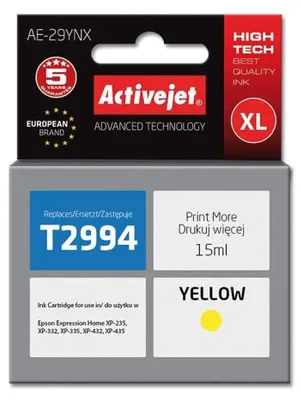 Produktbild von Activejet AE-29YNX Tintenpatrone (Ersatz für Epson 29XL T2994; Höchste; 15ml; gelb), Hohe (XL-) Ausbeute, Gelb, Tinte auf Farbstoffbasis, 15 ml, 1 Stück(e), Einzelpackung
