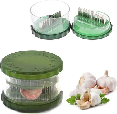 A collage of images showing a garlic dicer and whole garlic bulbs.