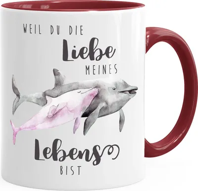 Produktbild von Tasse Liebe meines Lebens Delfin Delphin Watercolor Liebe Spruch Geschenk Kaffeetasse Teetasse Keramiktasse MoonWorks® bordeauxrot unisize