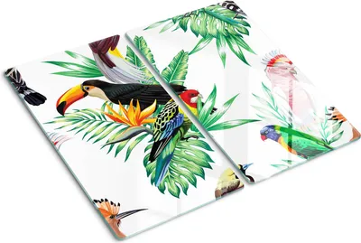 Obrázek produktu pro Kryt varné desky – Kryt na indukční desku – Ochranná skleněná deska – 2x30x52 cm– Skleněné ochranné desky na sporák –Tvrzené sklo –Tropičtí ptáci
