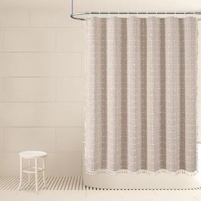 Productafbeelding van Unyqoos® douchegordijn van linnenmix, 330 GSM – Boheems geometrisch design met decoratieve franjes, zwaar en dik badkamergordijn