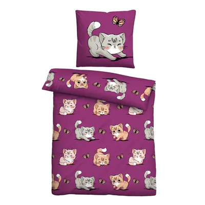 A flat lay of a purple duvet cover and pillowcase set with a repeating pattern of cartoon cats and butterflies.