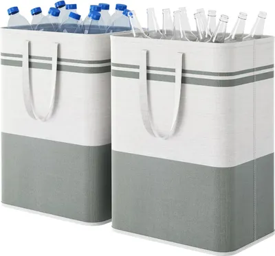 Produktbild von Faltbare Wäschekörbe 80L - Set von 2 - Grau und Weiß - Verlängerte Handgriffe - Stoff-Wäschekorb für schmutzige Wäsche - Für Kinder - Für Schlafzimmer, Badezimmer, Waschküche