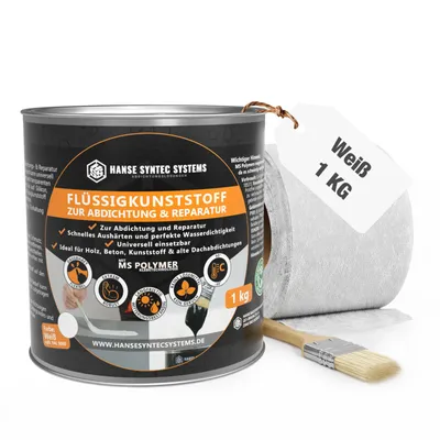 Produktbild von Flüssigfolie Dicht Set DIY 1kg Weiß inkl. Pinsel & Vlies – Abdichtung Set sofort dicht, 3-fach Ergiebigkeit, lösemittel- & bitumenfrei