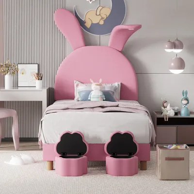 Produktbild von Polsterbett 90x200 cm (Ohne Matratze) zwei Aufbewahrungshockern LED-Nachttischbeleuchtung ausklappbare Hasenohren Jugendbett Kopfteil Samt Rosa