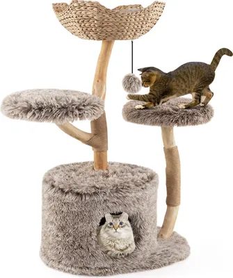 Produktbild von GOPLUS Kratzbaum Holz, Zweigdesign Katzenbaum mit Birnbaumstamm, Katzenhöhle, 2 Plüschsitzflächen, Korb, Jute-Kratzstangen & Ball, Natur