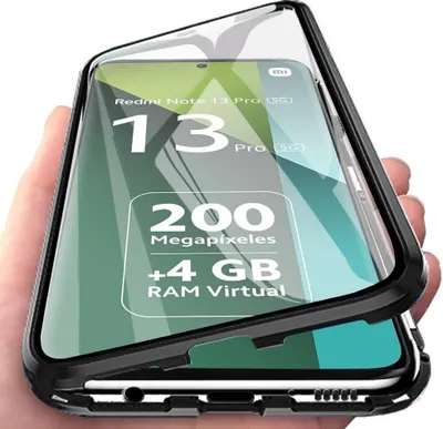 Immagine prodotto di custodia protettiva a 360° per Xiaomi Redmi Note 13 Pro 5G Copertura in vetro temperato a corpo intero con assorbimento magnetico, telaio in metallo nero