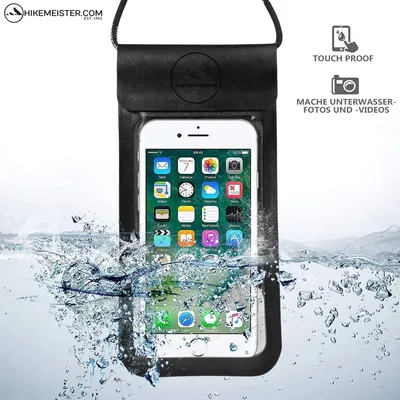 Produktbild von HikeMeister® wasserdichte Handyhülle Drybag Schwarz 1 Stück 6.9 Zoll Wasserfeste Handyhülle mit Schlüsselband, Unterwasser Handytasche für iPhone