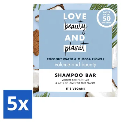 Obrázok produktu pre 5 kusov šampónu v tuhom formáte Love Beauty and Planet – kokosová voda a kvet mimózy – 90 g – výhodný balík